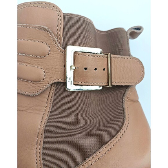 Jorge Bischoff Tan Leather Ankle Boot Gold Buckle Strap Block Heel Sz 6 - Picture 2 of 13